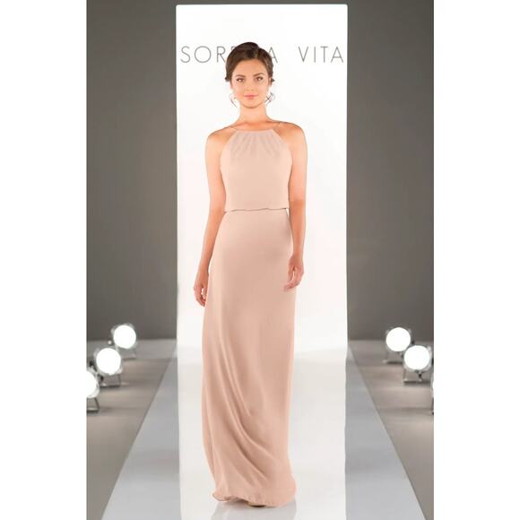 Sorella Vita rose pink spaghetti strap blouson full length chiffon gown Size 12 - Picture 1 of 11
